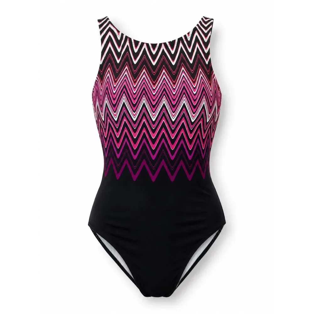 Reebok 2XL One Piece Swimsuit Black Pink Chevron Print Tummy Control Plus